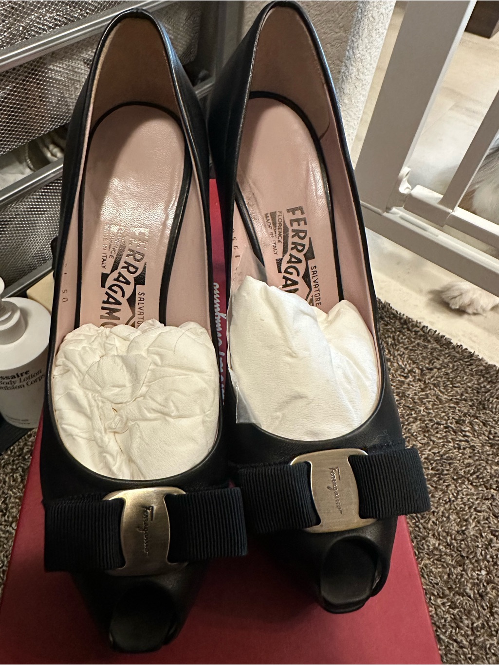 Salvatore Ferragamo Black Peep-Toe Pumps With Vara Ribbon And Gold Plaque 7.5c